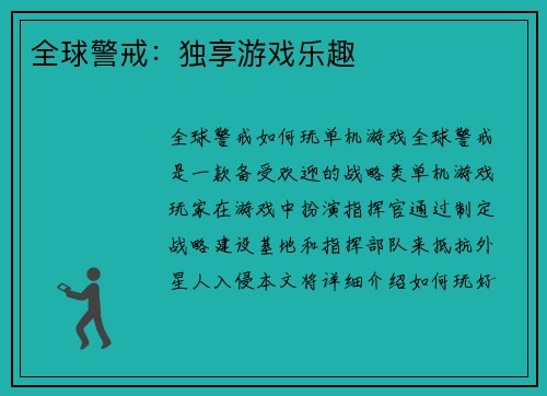全球警戒:独享游戏乐趣