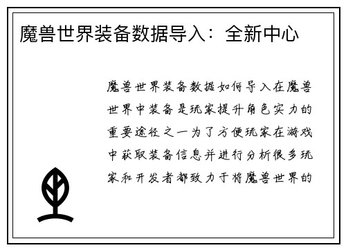 魔兽世界装备数据导入：全新中心