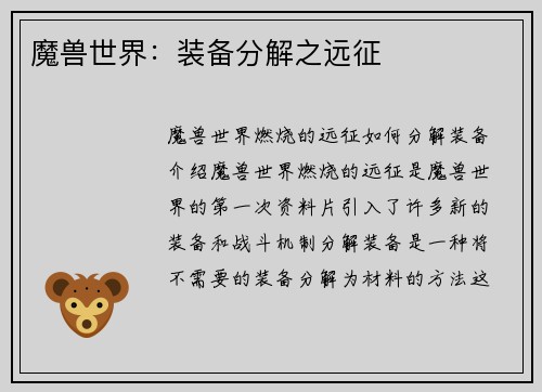 魔兽世界：装备分解之远征